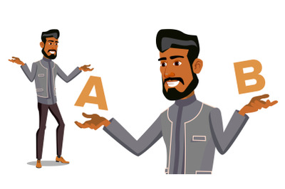 Arab Man Comparing A With B Vector. Balance Of Mind And Emotions. Client Choice. Compare Objects, Ways, Ideas.Isolated Flat Cartoon Illustration