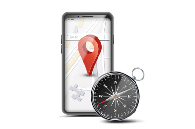 GPS App Concept Vector. Mobile Smart Phone With GPS Map And Navigation Map Compass. PCs Navigation System. Red Pointer. Isolated Illustration