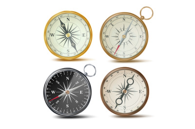 Compass Set Vector. Different Colored Compasses. Navigation Realistic Object Sign. Retro Style. Wind Rose. Isolated On White Illustration