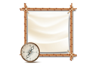 Bamboo Frame With Compass Vector. Tropical Summer Adventure Concept. Isolated Illustration