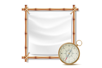 Bamboo Frame And Metal Compass Vector. Summer Travel Concept. Isolated Illustration