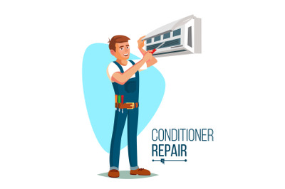 Air Conditioner Repair Worker Vector. Young Happy Male Technician Gesturing. Isolated Flat Cartoon Character Illustration