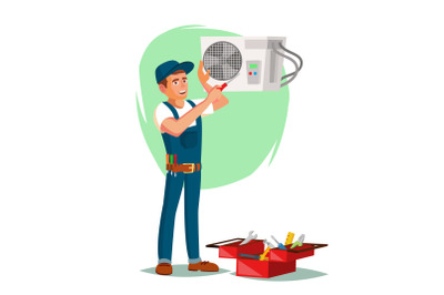 Air Conditioner Repair Service Vector. Young Man Repairing Air Conditioner. Cartoon Character Illustration