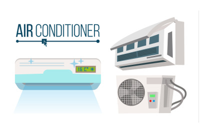 Air Conditioner Set Vector. Different Types Office, Home Conditioner System. Indoors, Outdoors Cartoon Flat Isolated Illustration