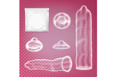 Realistic Condom Vector. Contraceptive method Concept. Unpacked And Packed Condoms. Male Contraceptive For Safety Sex. Isolated On Transparent Background Illustration