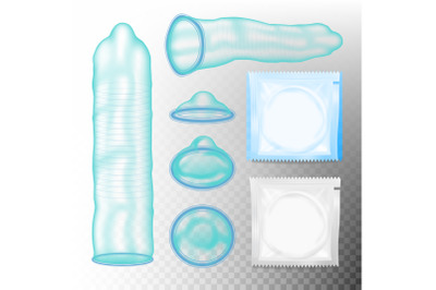 Realistic Condoms Vector. Aids Protection. Unpacked And Packed Condoms. Contraceptive And Sexual Protection Concept. Isolated On Transparent Background Illustration