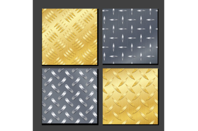 Seamless Diamond Metal Background Set With Tread Plate. Gold, Chrome, Silver, Steel, Aluminum. Vector Realistic Pattern.