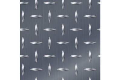 Seamless Diamond Metal Background With Tread Plate. Chrome, Silver, Steel, Aluminum. Vector Realistic Pattern.