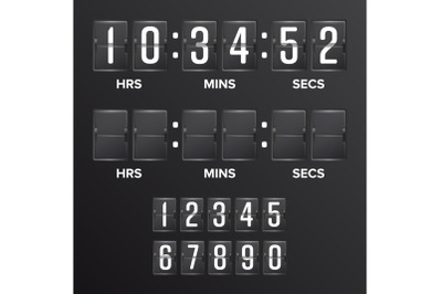 Flip Countdown Timer Vector. Analog Black Scoreboard Digital Timer Blank. Hours, Minutes, Seconds. Time Illustration