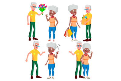 Elderly Couple Set Vector. Grandpa With Grandmother. Lifestyle. Elderly Family. Grey-haired Characters. Couple Of Elderly People. Afro American, European. Isolated Flat Cartoon Illustration