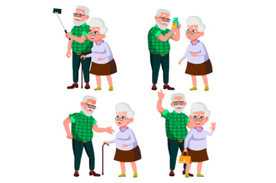 Elderly Couple Set Vector. Modern Grandparents. Old Age. With Glasses. Face Emotions. Happy People Together. European. Isolated Flat Cartoon Illustration