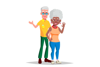 Elderly Couple Vector. Modern Grandparents. Elderly Family. Grey-haired Characters. Black, Afro American, European. Isolated Flat Cartoon Illustration