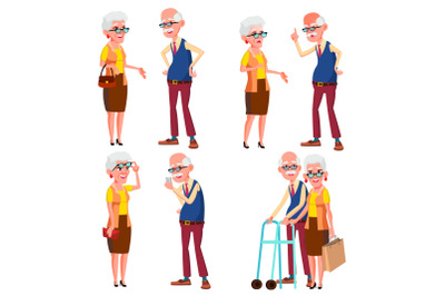 Elderly Couple Set Vector. Grandfather And Grandmother. Silver Hair. Senior Lady And Gentleman. Situations. Old Senior People. European. Isolated Flat Cartoon Illustration