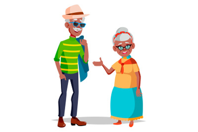 Elderly Couple Vector. Grandfather And Grandmother. Silver Hair. Senior Lady And Gentleman. Black, Afro American. Isolated Flat Cartoon Illustration