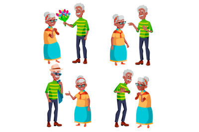 Elderly Couple Set Vector. Grandfather And Grandmother. Elderly Family. Grey-haired Characters. Black, Afro American. Face Emotions. Happy People Together. Isolated Flat Cartoon Illustration