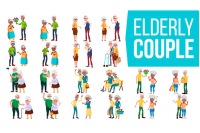 Elderly Couple Set Vector. Grandpa With Grandmother. Lifestyle. Elderly Family. Grey-haired Characters. Social Concept. Senior. Couple Of Elderly People. Afro American, European. Isolated Flat Cartoon Illustration