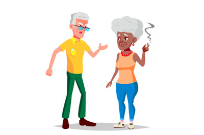 Elderly Couple Vector. Grandpa With Grandmother. Lifestyle. Couple Of Elderly People. Afro American, European. Isolated Flat Cartoon Illustration