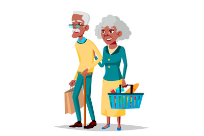 Elderly Couple Vector. Grandpa With Grandmother. Black, Afro American. Lifestyle. Couple Of Elderly People. Isolated Flat Cartoon Illustration