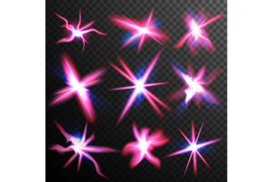 Red Stars Bursts Glow Light Effect Vector. Swirl Trail Effect. Neon Ray Streaks. Abstract Lens Flares. Design Element For Christmas Poster, Technology. Isolated On Transparent Background Illustration