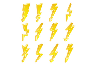 3D Lightning Icons Vector Set. Cartoon Yellow Lightning Isolated Illustration. Danger, Energy Icon. Lightning Bolt.