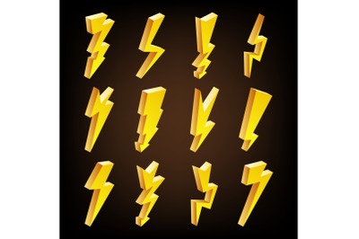 Lightning Sign Vector Set. Cartoon Golden 3D Lightning Isolated Illustration. Flash Of lightning. Thunder Bolt Symbols.