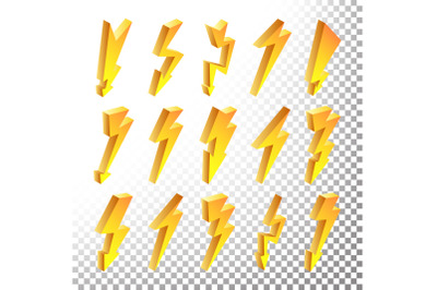 3D Lightning Icons Vector Set. Cartoon Yellow Lightning Isolated Illustration. Flash Pictograms. Lightning Bolt Icons