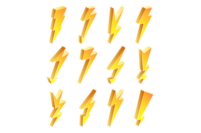 3D Lightning Icons Vector Set. Cartoon Yellow Lightning Isolated Illustration. lightning Symbol. Electrical Sign.