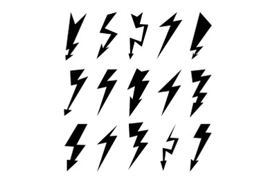 Lightning Icon Set. Electricity Thunder&2C; Danger Symbol. Lightning Strike. Flash Black Icons Isolated On White. Storm Lightning Silhouettes. Vector Illustration.