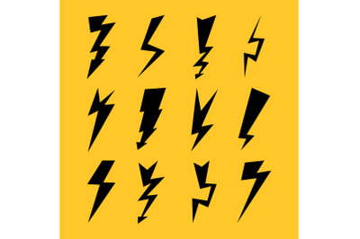 Black Color Lightnings Set Isolated On Yellow Background. Vector Illustration