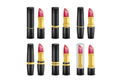 Lipstick Set Vector. Black And Golden Tubes. Isolated On White Illustration