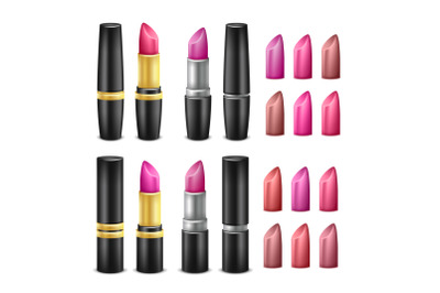 Realistic Lipstick Set Vector. Black, Gold And Silver Tubes. For Woman Lips Make Up. Isolated Illustration