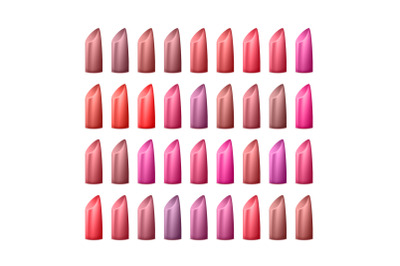 Lipstick Palette Vector. Different Colors Of Red And Pink. Glossy Lipstick For Woman Lips Make Up. Isolated Illustration