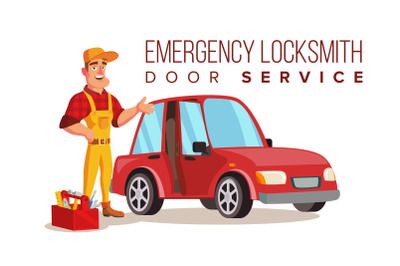 Car Locksmith Worker Service Vector. Classic Serviceman. Isolated On White Cartoon Character Illustration