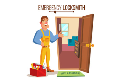 Locksmith Door Service Vector. Professional Master Repairman. Isolated Flat Cartoon Character Illustration