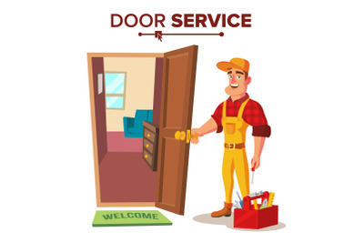 Locksmith Repairman Vector. Unlock The Door Service. Cartoon Character Illustration