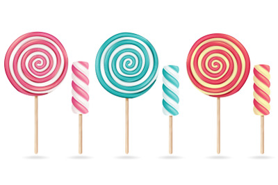 Round Pink Lollipop Set Vector. Cream Marshmallow On Stick. Sweet Realistic Candy Spiral Isolated Illustration