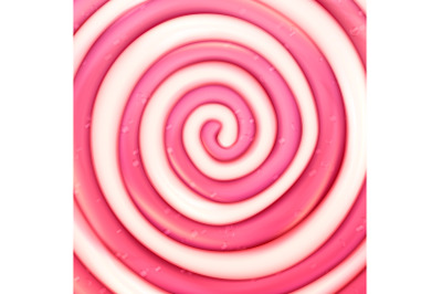 Round Pink Lollipop Vector Background. Classic Sweet Realistic Candy Abstract Spiral Illustration