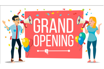 Announce Concept Vector. Woman, Man, Loudspeaker. Announcement Poster. Talking Into Megaphone Promotion Speech Grand Opening. Search For Employees. Make An Announcement. Hiring. Business Illustration