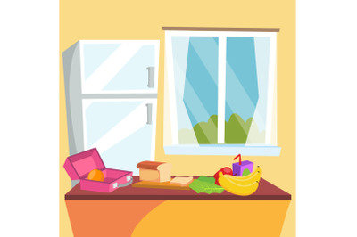 Kitchen Cartoon Vector. Classic Home Dining Room. Kitchen Interior Design. Dining Table, Fruits, Refrigerator. Flat Illustration