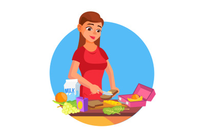 Lunch Box Vector. Woman Making Tasty Vegetarian Lunch. Healthy Food. Mother Making Breakfast For Her Children. Flat Cartoon Illustration