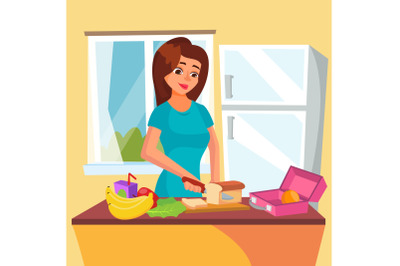 Lunch Box Vector. Classic Lunch Box With Sandwich, Vegetables, Water, Almonds, Fruits. Woman In Kitchen Preparing A Lunch Box. Healthy Food. Isolated On White Cartoon Character Illustration