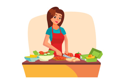 Lunch Box Vector. Making A Healthy School Lunch For Kids. Making School Lunch Box. Cartoon Character Illustration