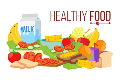 Healthy Food Vector. Diet For Life Nutrition. Modern Balanced Diet. Isolated Flat Cartoon Illustration