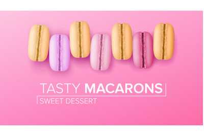 Macarons Set Vector. Top View. Colourful Sweet French Macaroons On Pink Background Illustration.