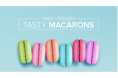 Colourful Macarons Vector. Top View. Tasty Sweet French Macaroons On Blue Background Illustration.