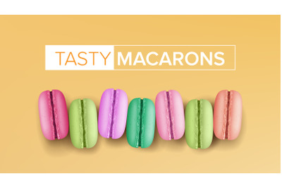 Realistic Macarons Vector. Top View. Sweet French Macaroons On Yellow Background Illustration.