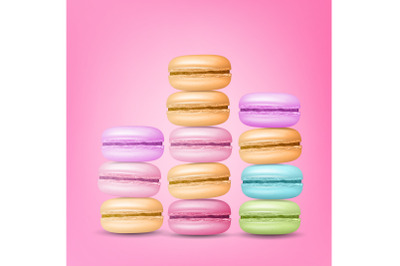 Macarons Set Vector. Colourful Sweet French Macaroons On Pink Background Illustration.