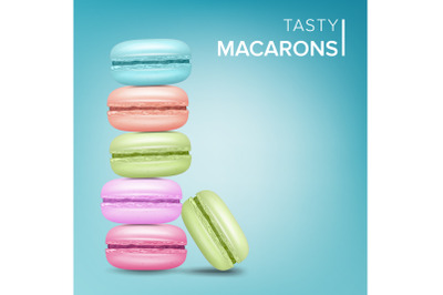 Colourful Macarons Vector. Tasty Sweet French Macaroons On Blue Background Illustration.