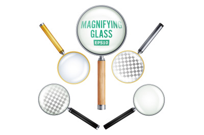 Realistic Magnifying Glass Vector. Set