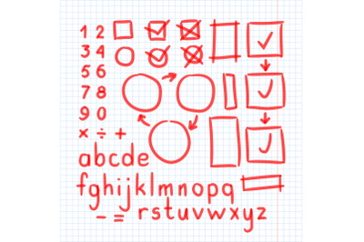 Marker Hand Written Doodle Symbols Vector. Letters, Numbers, Mathematical Symbols